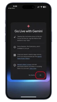 Google Gemini Live interface asking for microphone and extension permissions