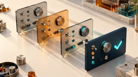 Translucent configuration panels with switches and dials combine into a navy panel marked with a teal check.