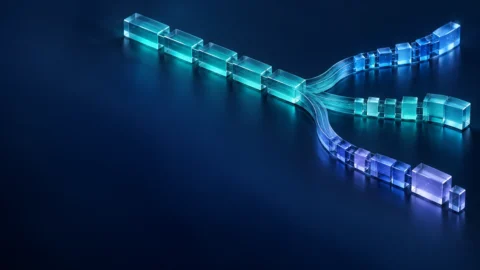 A single teal data prefix branches into three distinct blue and purple sequences on a dark navy background.