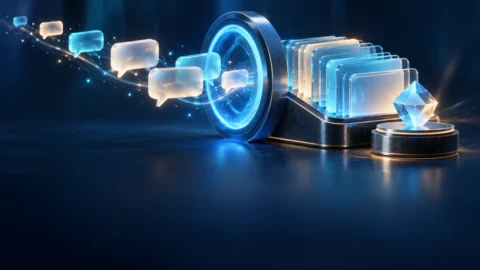 Translucent speech bubbles pass through a blue memory aperture into organized archival cards and a compact crystal, illustrating selective conversation recall.