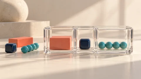 Coral, ink and teal values arranged in a transparent three-compartment record vessel, with a separate loose source grouping.