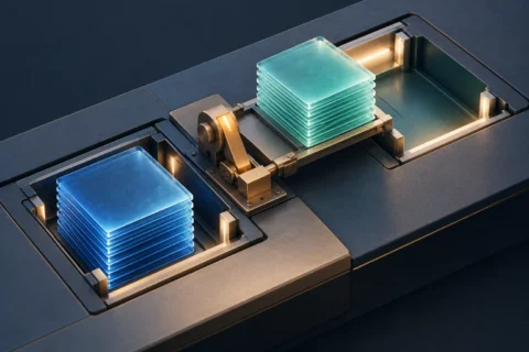 Two complete glass data stacks and a mechanical handover switch illustrate replacing a file in one visibility step.