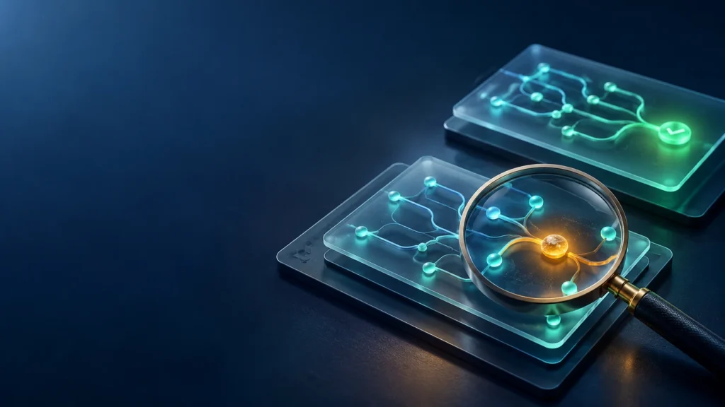 A magnifying lens highlights an amber flaw on glass circuit panels beside a verified teal path.
