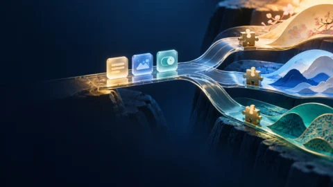 Text-free illustration of interface tiles branching into three visual paths while matching puzzle connectors preserve their technical structure.