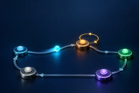 Conceptual illustration of colored stations linked by directed paths, representing explicit state transitions and a retry loop.