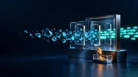 Glass validation gates transform irregular fragments into ordered data blocks, with an uncertain piece routed separately for review.