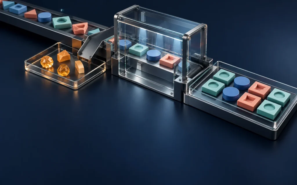 Colorful geometric test fixtures pass through a glass validation gate, with irregular amber pieces set aside and approved tiles arranged neatly.