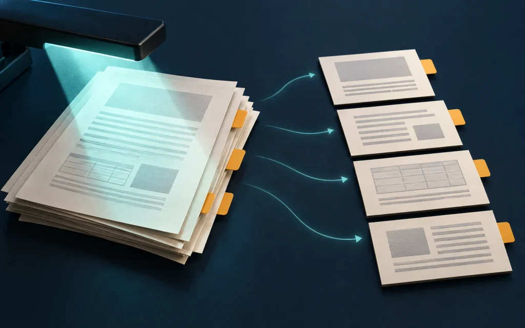 Scanner light crosses a stack of ivory document pages, linked to four ordered evidence cards with amber page tabs on a navy surface.