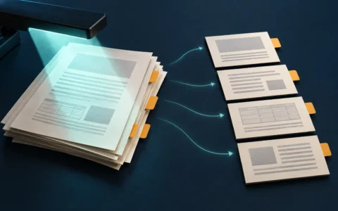 Scanner light crosses a stack of ivory document pages, linked to four ordered evidence cards with amber page tabs on a navy surface.