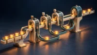 Amber request packets move through metered gates with staggered return paths in a sculptural flow-control system.