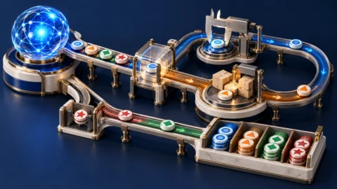 An illuminated routing console sends shape-coded tokens through a glass inspection gate to measurement and inventory stations, then back to matched result trays.