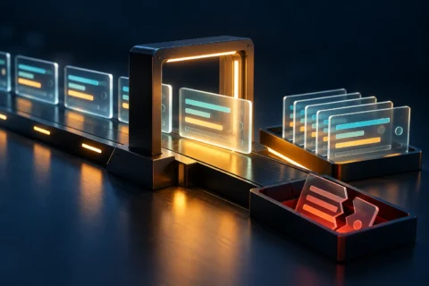 Abstract glass record cards pass through an illuminated validation gate, with one malformed card separated from the accepted stream.