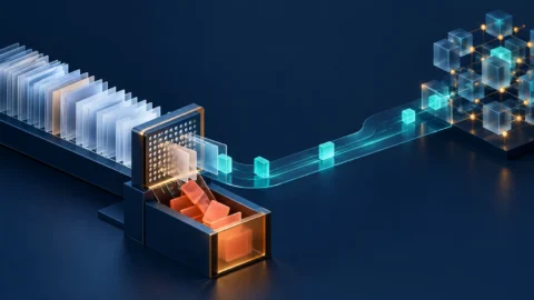 Abstract data cards pass through a selective filter, with only a few turquoise tiles continuing toward a computing lattice.