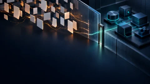 Blank document nodes and amber pathways meet a partition with a narrow gate leading to a teal-lit tool enclave.
