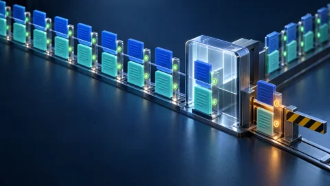 Paired blue and turquoise prompt-result cards pass through an inspection gate, while an amber mismatch is stopped for review.