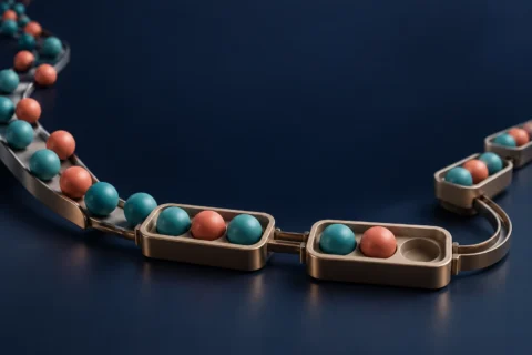 Teal and coral tokens flow into three-slot trays; one tray is full and the next holds two tokens beside an empty slot.