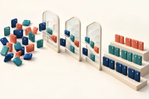 Colored record tiles pass through translucent sorting gates into ordered rows, illustrating a deliberate multi-field sorting policy.