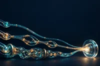Three illuminated computational pathways, from a direct route to branching and layered routes, converge at one transparent validation checkpoint against a dark navy background.