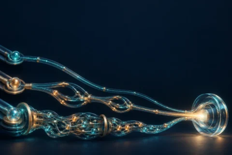 Three illuminated computational pathways, from a direct route to branching and layered routes, converge at one transparent validation checkpoint against a dark navy background.