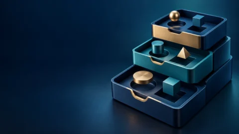 Three nested blue and teal resource trays, with geometric instruments settling into fitted compartments and warm gold accents.