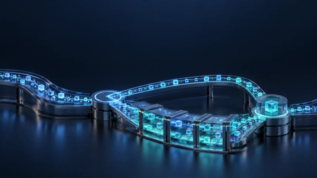 Luminous data packets branch through two computing paths and converge at a validation gate.