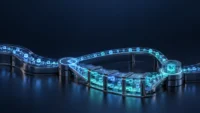 Luminous data packets branch through two computing paths and converge at a validation gate.