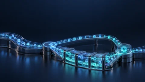 Luminous data packets branch through two computing paths and converge at a validation gate.