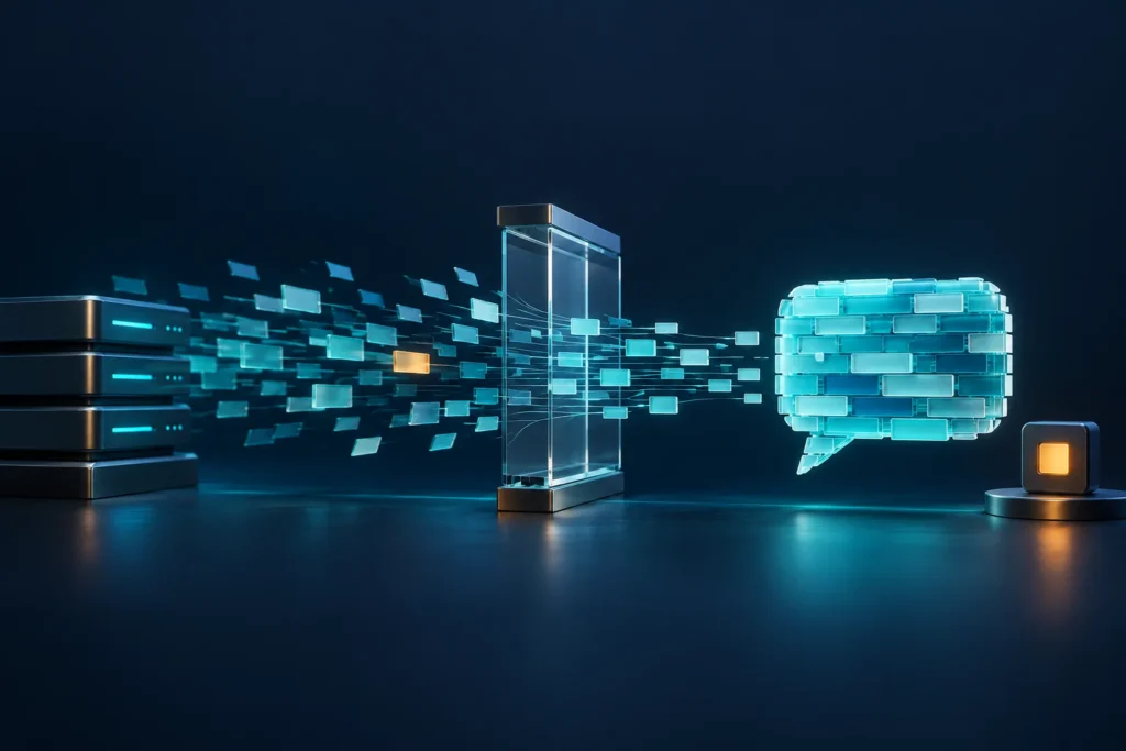 Cyan message fragments pass through a transparent framing gate and assemble into a speech bubble beside a stop control.