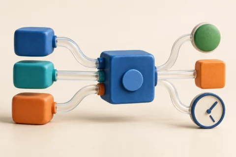 Three blue, teal and orange input blocks connect separately to a blue process module; outgoing paths lead to status shapes and a clock.